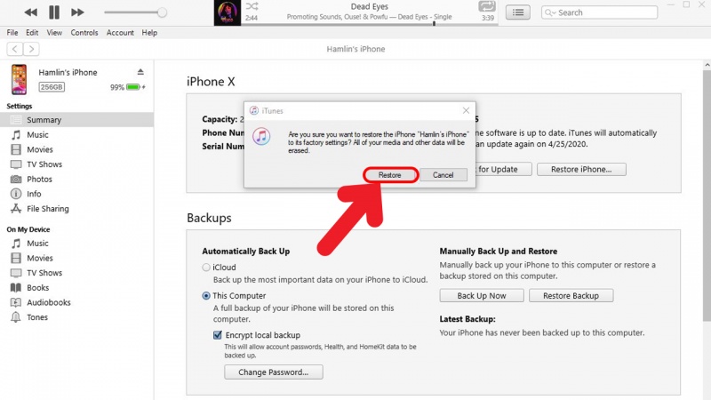 Nhấn chọn Restore iPhone luôn nếu bạn không muốn backup