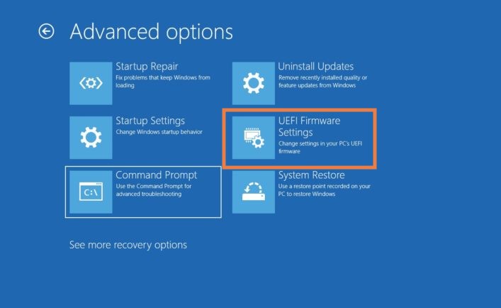 Màn hình Tùy chọn nâng cao trong Windows 10.