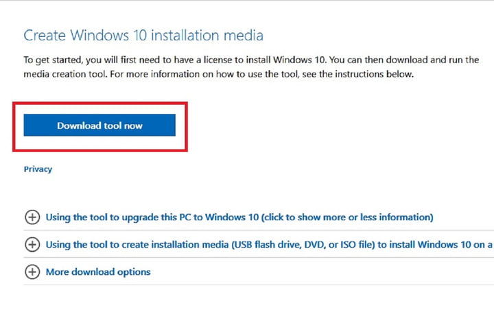 Tải về tập tin cài đặt Windows 10
