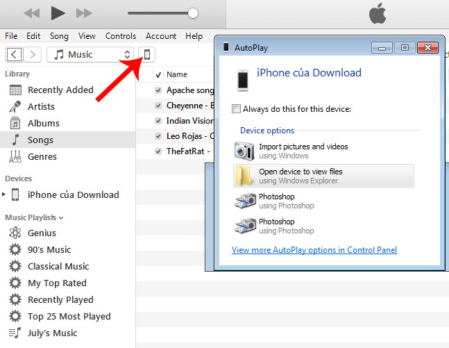 Kích chuột vào biểu tượng điện thoại trên iTunes