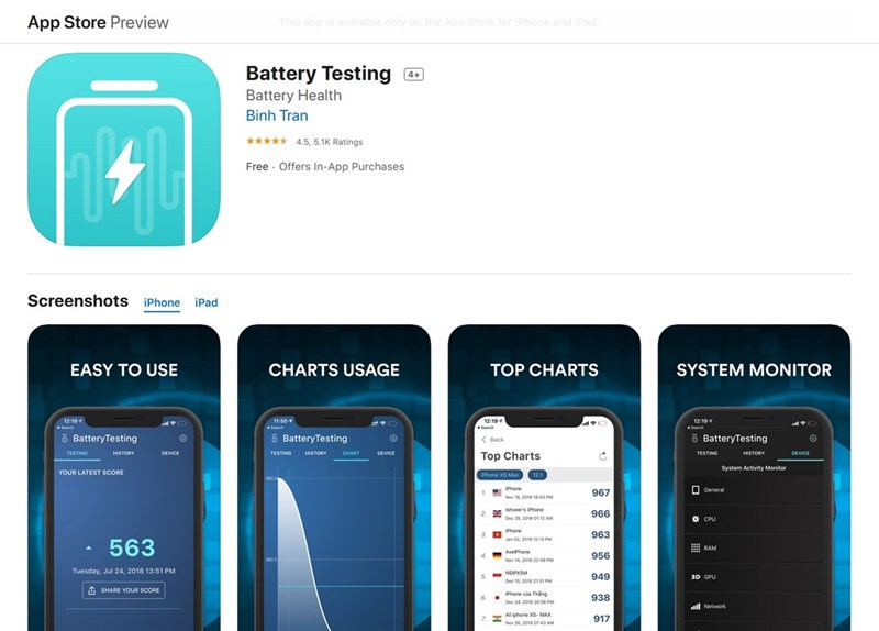 Tải ứng dụng Battery Testing miễn phí trên Appstore, vừa an toàn lại dễ dàng